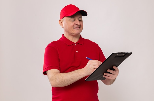 Repartidor en uniforme rojo y gorra sosteniendo portapapeles y bolígrafo haciendo notas sonriendo confiados de pie sobre fondo blanco.