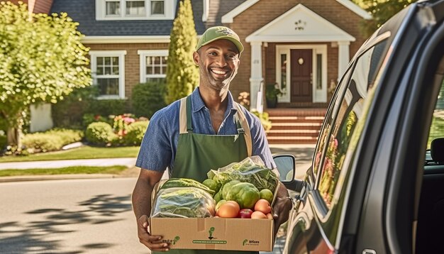 Repartidor con verduras orgánicas frescas en una casa