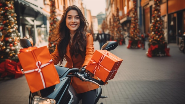 Foto repartidora en moto con regalos y guirnaldas en navidad luminosa