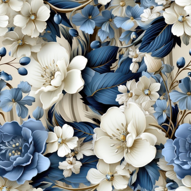 repetindo o padrão de várias flores ornamentais em estilo branco bege e listras azuis