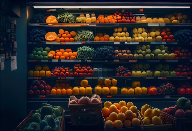 Repisa refrigerada de una verduleria generativa Ia