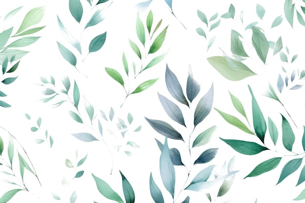 Repita o padrão de folhas verdes de aquarela no fundo branco AI