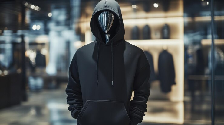 Foto replica de una capucha en un maniquí de acero inoxidable de pie en una tienda de lujo