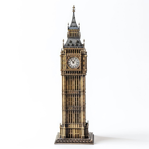 Replica en miniatura del Big Ben aislada sobre un fondo blanco