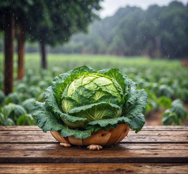 Foto repolho em cesta de madeira em mesa de madeira com chuva e fundo desfocado