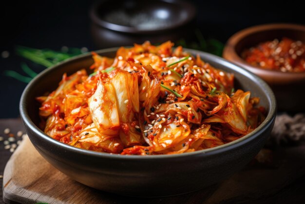 Repolho Kimchi em uma tigela para comer em fundo de madeira comida coreana