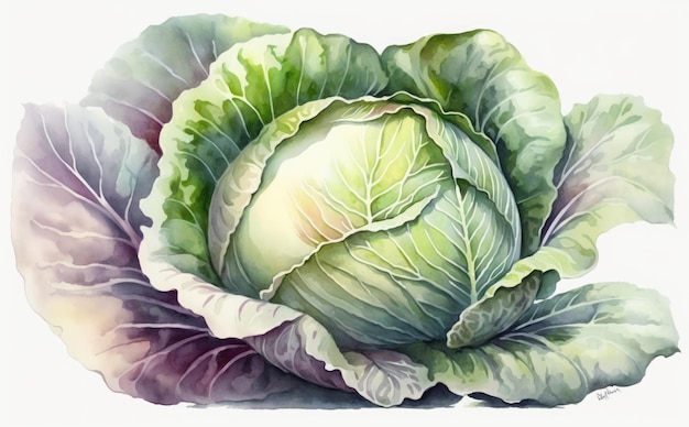 Un repollo dibujado sobre fondo blanco acuarela vegetal alimentos orgánicos ilustraciones ai generado