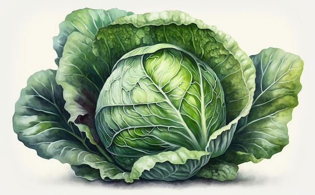 un repollo dibujado sobre fondo blanco acuarela vegetal verde ilustraciones ai generado