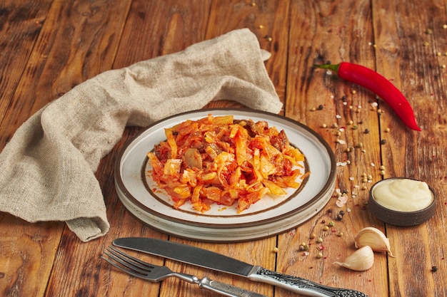 Repollo guisado con carne en mesa de madera