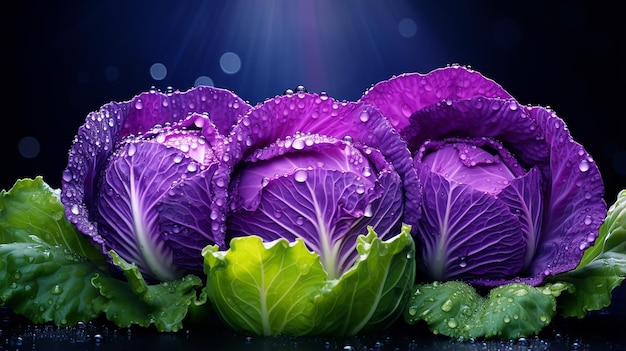 Repollo púrpura con gotas de rocío Concepto de comida saludable en 3D