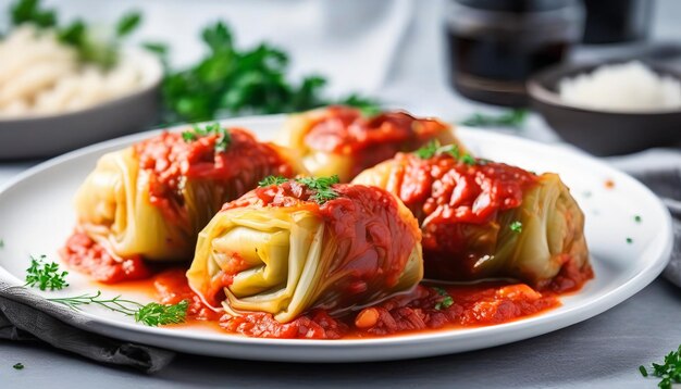 repollo relleno con arroz en una mesa blanca