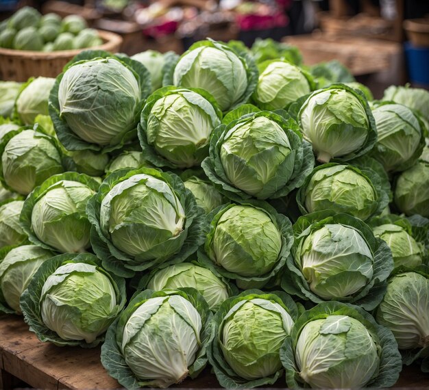 Repollos en exhibición en un mercado de agricultores en la Provenza, Francia