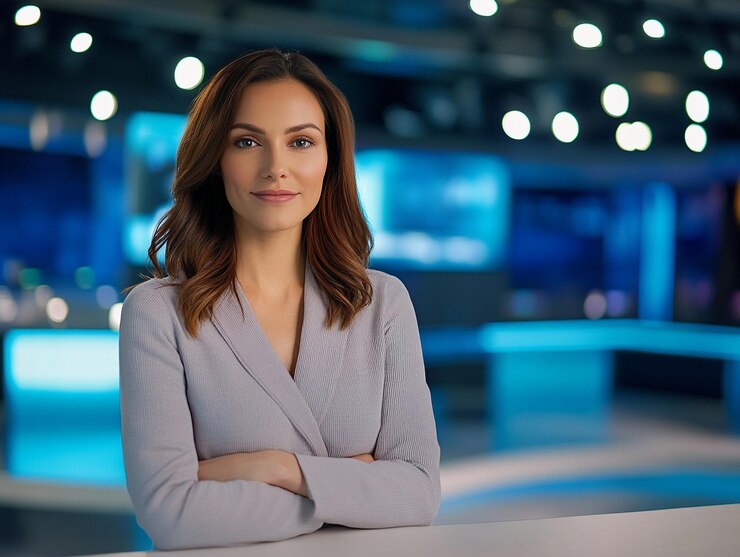 Reportaje de la presentadora de noticias femenina de Studio Spotlight