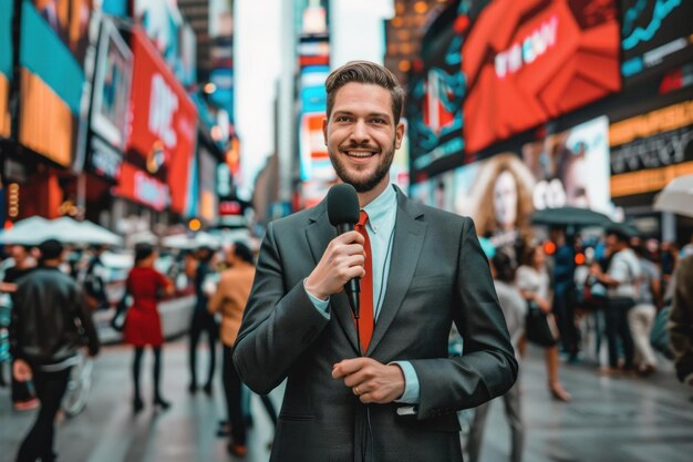 Foto repórter homem confiante entregando as últimas notícias com um fundo urbano vibrante de outdoors da cidade e uma multidão movimentada