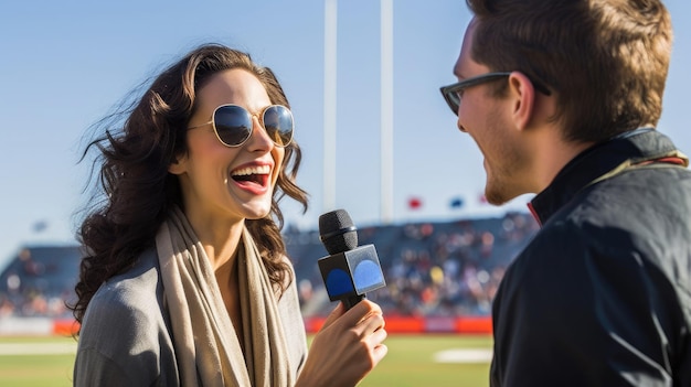 Una reportera toma un comentario de los participantes de un evento deportivo Periodista deportiva informando en vivo desde un evento de fútbol Contenido deportivo y artículos de noticias IA generativa