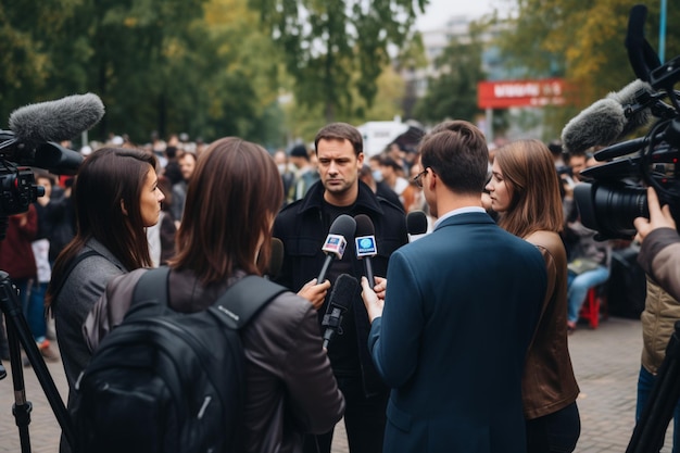 Foto repórteres entrevistando pessoas irreconhecíveis ao ar livre