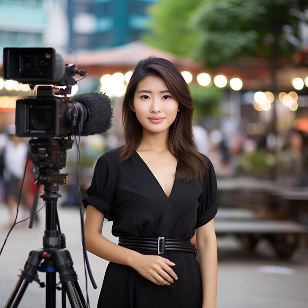 Reportero mujer asiática sosteniendo un micrófono con informes de noticias actualización de noticias al aire libre IA generativa