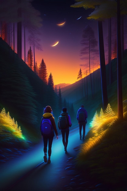 Foto representa al grupo caminando por el bosque por la noche.