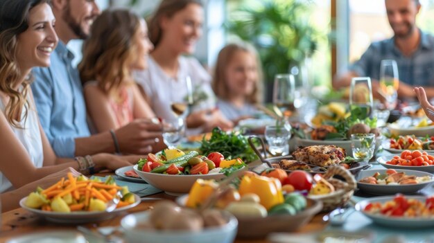 Se representa una animada cena familiar con una variedad de platos saludables y bien equilibrados en el