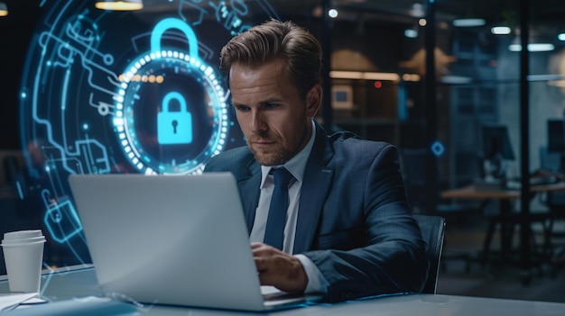 Representa a un apuesto hombre de negocios en traje en su lugar de trabajo trabajando con una computadora portátil