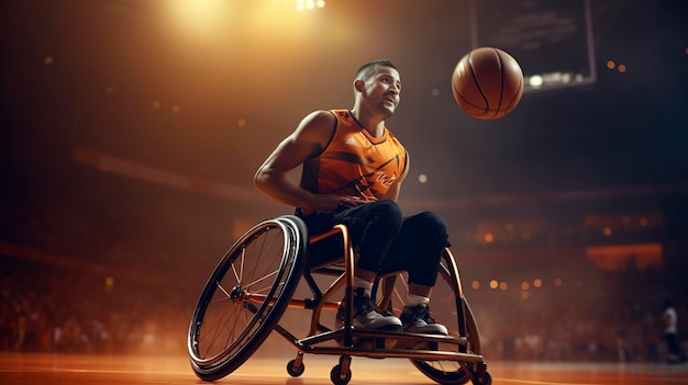 Foto representa atletas envolvidos em esportes adaptativos, como basquete em cadeira de rodas ou exibições de futebol para cegos