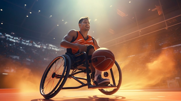 Foto representa atletas envolvidos em esportes adaptativos, como basquete em cadeira de rodas ou exibições de futebol para cegos