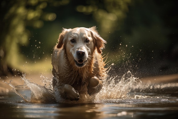 Se representa a un enorme golden retriever jugando