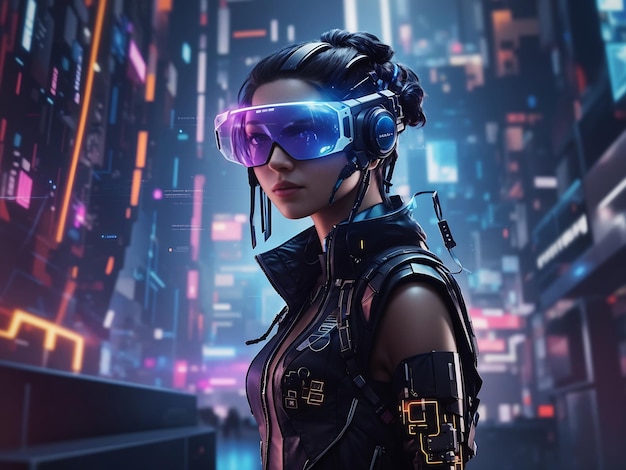 Representa a un hábil hacker cyberpunk en un entorno futurista rodeado de interfaces holográficas.