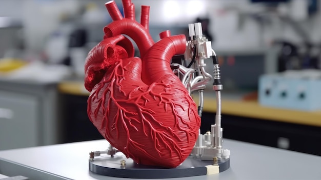 Se representa una impresora 3D creando un modelo de un corazón humano posiblemente para su uso en investigación médica o incluso trasplante generado por IA