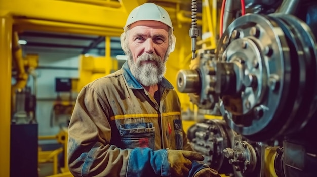 Se representa a un inspector mecánico inspeccionando una bomba de aceite centrífuga tareas de mantenimiento en alta mar para el sector del petróleo y el gas GENERATE AI