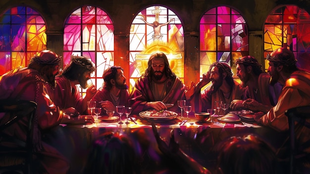 Representa Jesus na Última Ceia com seus discípulos em um vitral usando vermelhos escuros e roxos para simbolizar o sacramento e a solenidade do momento