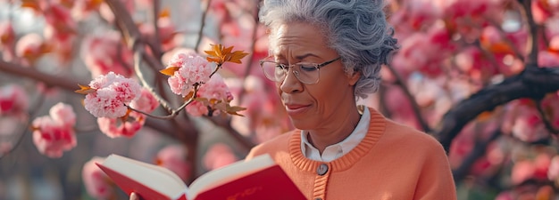 Se representa a una mujer mayor leyendo una novela de ficción en un parque