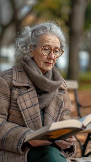 Se representa a una mujer mayor leyendo una novela de ficción en un parque