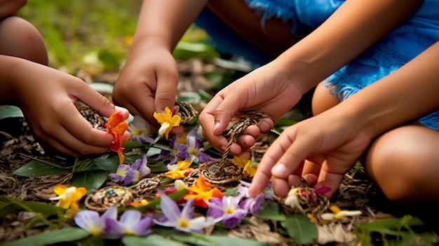 Representa a los niños recogiendo coloridas flores de la selva para hacer collares exóticos
