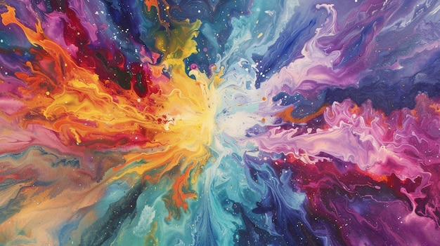 Representa o momento da inspiração criativa como uma supernova rebentando com um espectro de cores em todo o cosmos.