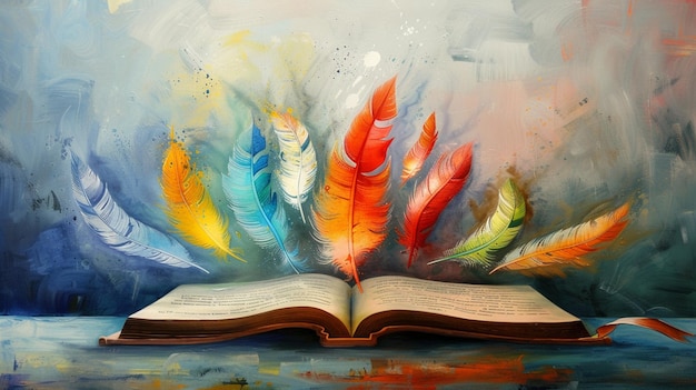 Foto representa penas coloridas voando de um livro aberto, cada pena simbolizando uma ideia inspirada na literatura