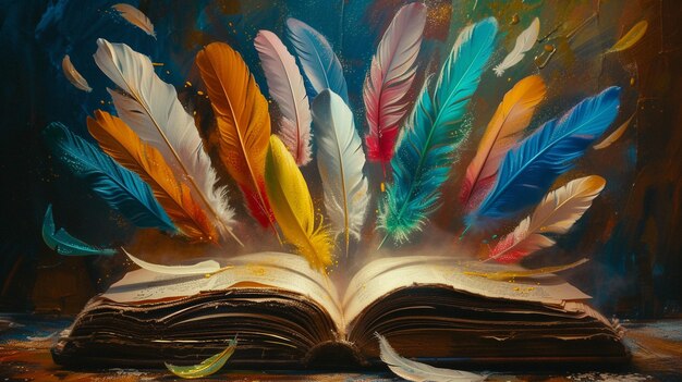 Representa plumas de colores que vuelan desde un libro abierto cada pluma simboliza una idea inspirada en la literatura