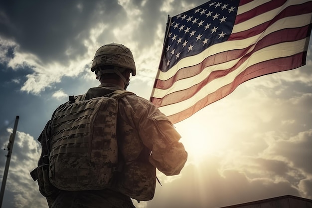 representa a un soldado estadounidense sosteniendo la bandera estadounidense y mirando hacia el tiempo despejado mientras prepara