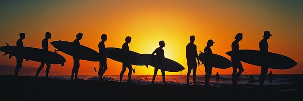 Foto representa um grupo de surfistas à espera da onda perfeita suas silhuetas em frente a um cenário de um pôr-do-sol vibrante destacando a antecipação e camaradagem do esporte