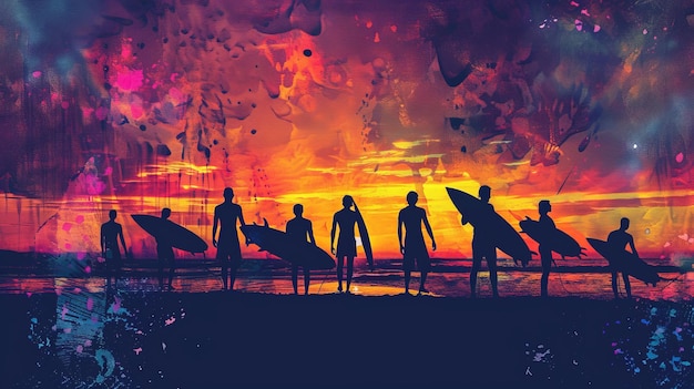 Foto representa um grupo de surfistas à espera da onda perfeita suas silhuetas em frente a um cenário de um pôr-do-sol vibrante destacando a antecipação e camaradagem do esporte