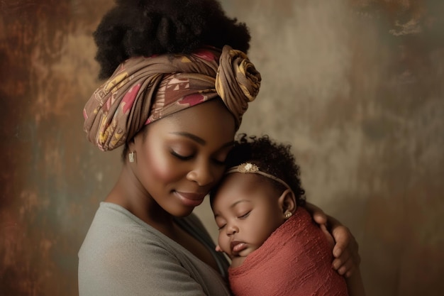 Representa um momento de ternura entre uma mulher negra e seu recém-nascido