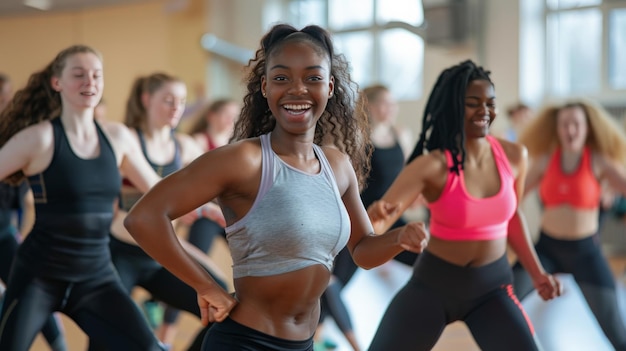 Foto representa uma animada aula de dança onde jovens desportistas se mergulham no ritmo e na energia da música celebrando a alegria do movimento e a fusão do exercício e da dança.