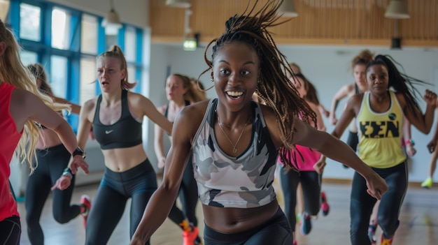 Foto representa uma animada aula de dança onde jovens desportistas se mergulham no ritmo e na energia da música celebrando a alegria do movimento e a fusão do exercício e da dança.