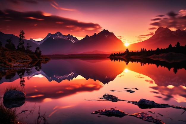 Foto representa uma bela e serena paisagem natural ao pôr-do-sol