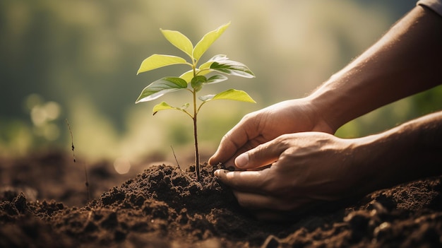 Foto representa uma paisagem verde exuberante com as mãos plantando uma árvore jovem transmitindo a mensagem do meio ambiente