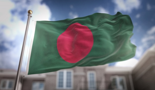 Representação 3d da bandeira de bangladesh no fundo do edifício do céu azul