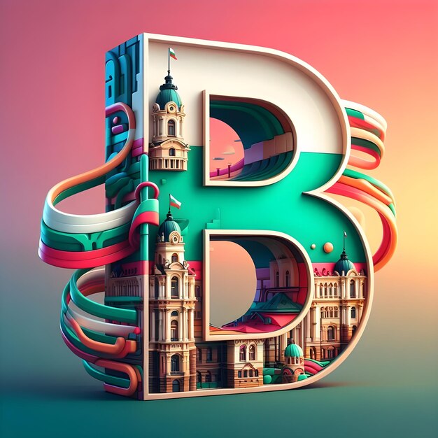 Representação 3D da letra B contra o fundo colorido da capital e da bandeira da Bulgária