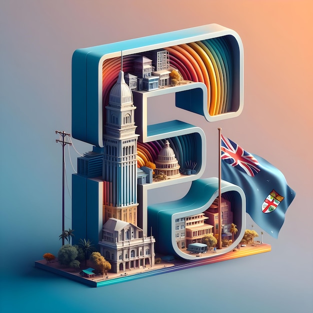 Representação 3D da letra F contra o fundo colorido da capital e da bandeira de Fiji