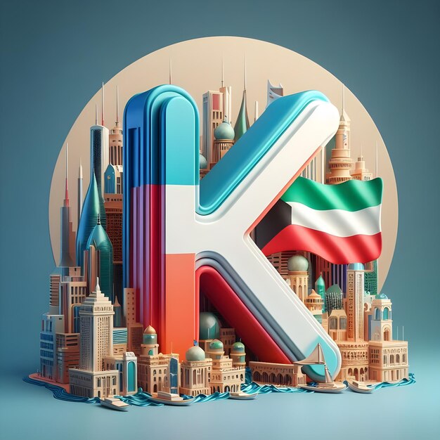 Foto representação 3d da letra k contra o fundo colorido da capital e da bandeira do kuwait