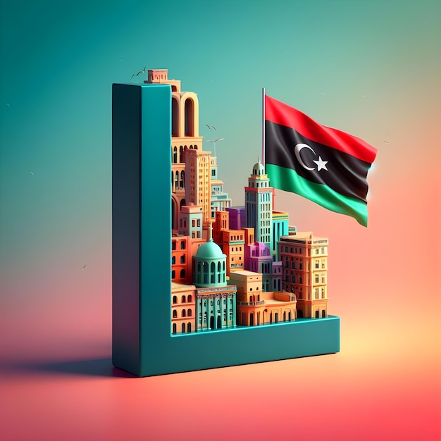 Representação 3D da letra L contra o fundo colorido da capital e da bandeira da Líbia